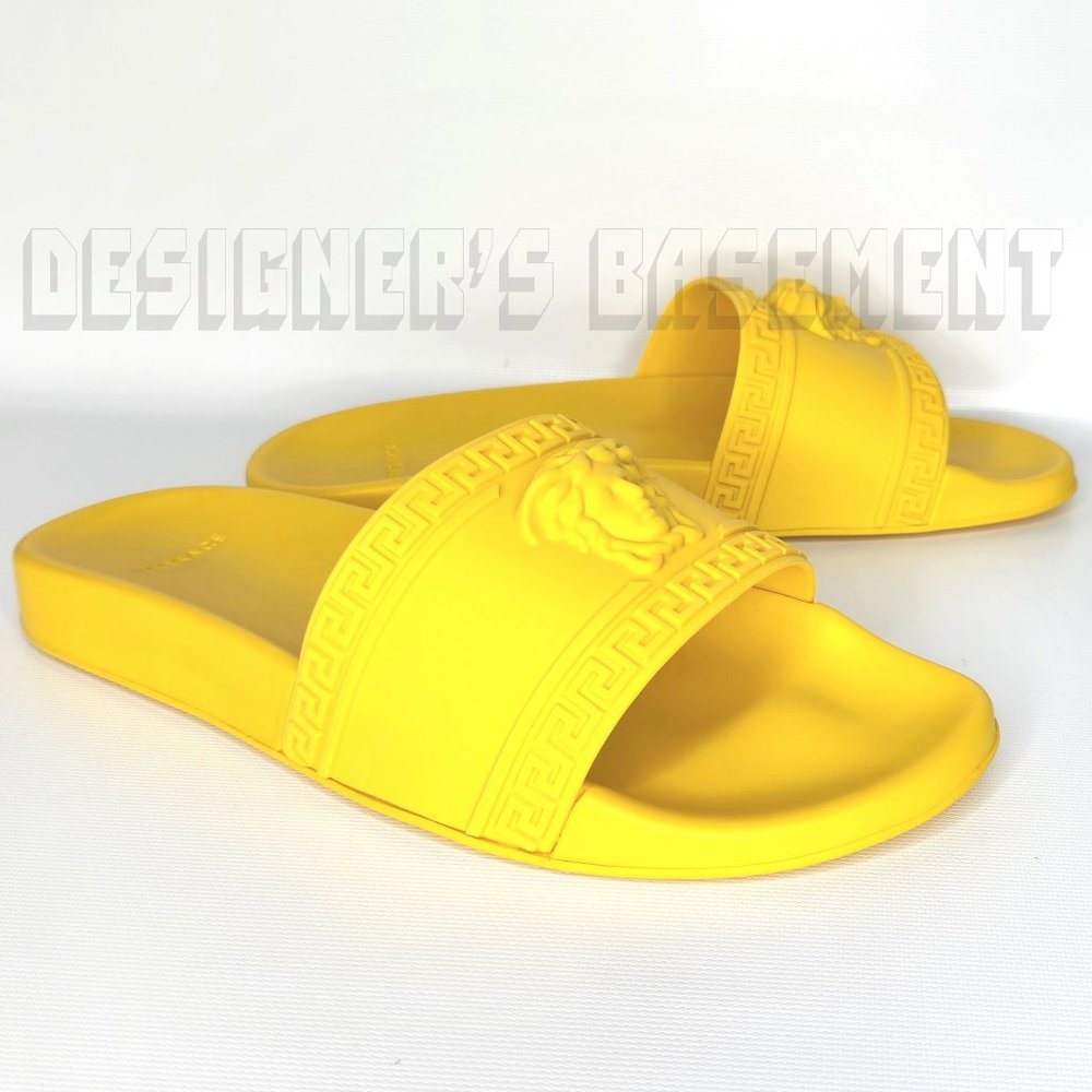 VERSACE mens 47EU - 14US sun yellow CARDINAL Medusa head FLIP-FLOP slide sandals - Picture 2 of 9